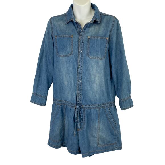 Dollhouse Blue‎ Denim Romper Shortalls Women M Distress Utility Roll Tab Sleeve - Picture 2 of 11